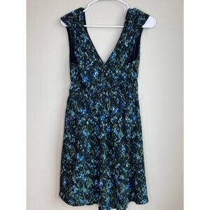 Time and Tru Black Soot Blue Green Abstract Print V-Neck Dress Medium
